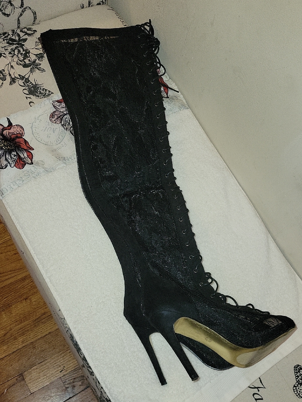 Women's Black Lace-Up Over-the-Knee Stiletto Boots